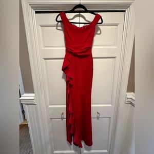 Red, off the shoulder dress with slit